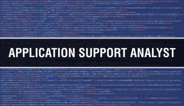Uygulama Desteği Analizcisi konsept illüstrasyonunda program ve uygulama geliştirmek için kod kullanılır. Uygulama Desteği Analisti web kodu koyu arkaplan üzerinde tarayıcı görünümünde renkli etiketler ile