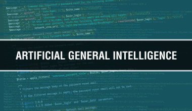 İkili kod dijital teknoloji geçmişi olan yapay genel zeka. Program kodu ve yapay genel zekaya sahip soyut bir arkaplan. Programlama ve kodlama teknolojisi