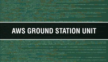 AWS Ground Station birim illüstrasyonunda program ve uygulama geliştirmek için kod kullanılır. AWS Ground Station birimi web kodu koyu arkaplanda tarayıcı görünümünde renkli etiketlerle. AWS Groun