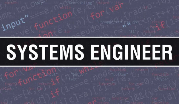 ソフトウェア開発者とコンピュータスクリプトのプログラミングコード抽象技術の背景に書かれたシステムエンジニアのテキスト システム — ストック写真