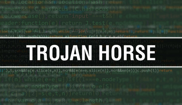Trojan horse with Digital java code text. Trojan horse and Computer software coding vector concept. Programming coding script java, digital program code with Trojan horse on screen illustratio
