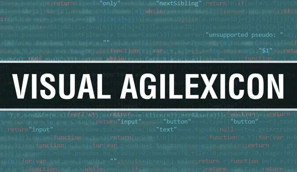 可视化Agilexicon文字编写在编程代码抽象技术背景下的软件开发人员和计算机脚本 视觉Agilexicon概念的代码在计算机监视器上 编码Visua — 图库照片