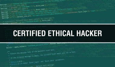 Programın Random Parts of Program Kodu sertifikalı Etik Hacker konsepti. Yazılım geliştiricisi ve bilgisayar yazılımının programlama kodları soyut teknoloji geçmişine sahip sertifikalı Etik Hacker. Sertifika