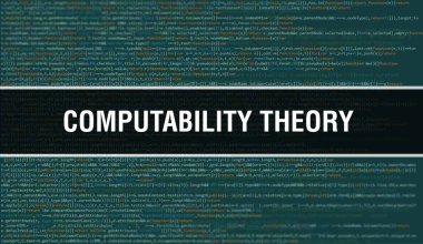 Programları ve uygulamaları geliştirmek için kod kullanılarak hesaplanabilirlik teorisi illüstrasyonu. Koyu arkaplanda tarayıcı görünümünde renkli etiketleri olan hesaplanabilirlik teorisi web sitesi kodu. Hesaplanabilirlik teması