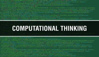 Programlama kodunun Random Parts of Program Kod. Hesaplama düşünce metni ile bilgisayar geliştirici ve bilgisayar yazılımının programlama kodu soyut teknoloji arkaplanı üzerine yazılan hesaplama düşüncesi