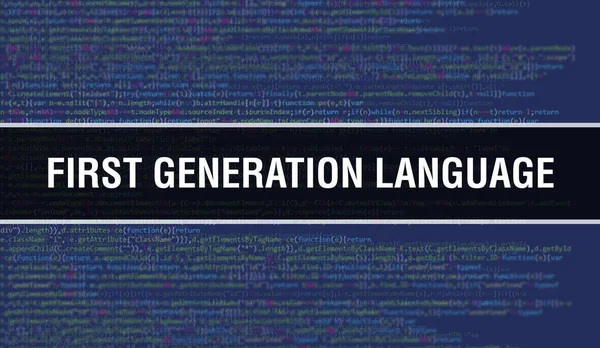 First generation language with Digital java code text. First generation language and Computer software coding vector concept. Programming coding script java, digital program code with Firs