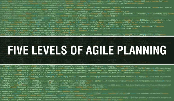 Five Levels of Agile Planning with Binary code digital technology background. Abstract background with program code and Five Levels of Agile Planning. Programming and coding technology background