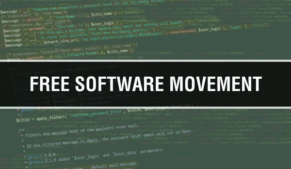 ソフトウェア開発者とコンピュータスクリプトのプログラミングコード抽象技術の背景に書かれたフリーソフトウェアの動きのテキスト コンピュータモニタ上のコードの自由なソフトウェアの動きの概念 コディン — ストック写真