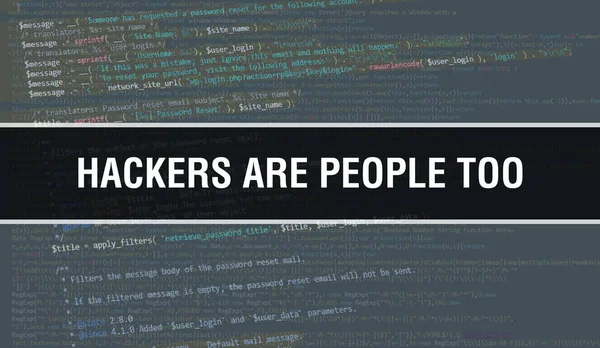 ハッカーは人ですあまりにも概念図プログラムやアプリを開発するためのコードを使用してイラスト ハッカーはあまりにも暗い背景にブラウザビューでカラフルなタグを持つウェブサイトのコードです ハッカーは人々です — ストック写真