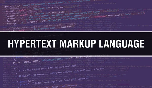 Hypertext Markup Language concept illustration using code for developing programs and app. Hypertext Markup Language website code with colourful tags in browser view on dark background. Hypertex