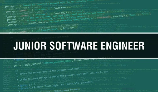 ジュニアソフトウェアエンジニアの概念図は プログラムやアプリを開発するためのコードを使用してイラスト 暗い背景にブラウザビューでカラフルなタグを持つジュニアソフトウェアエンジニアのウェブサイトコード — ストック写真