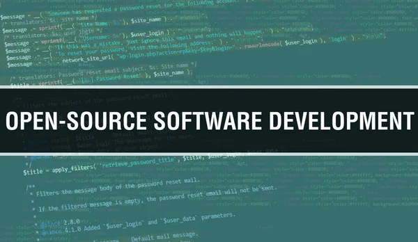 开放源Software开发概念示例使用代码开发程序和应用程序 Openen Software开发网站代码 在Dar浏览器视图中带有彩色标记 — 图库照片