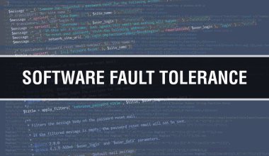 Programları ve uygulamaları geliştirmek için kod kullanan yazılım hatası tasviri. Yazılım hatası tolerans web sitesi kodu. Koyu arkaplanda tarayıcı görünümünde renkli etiketler var. Yazılım hatası