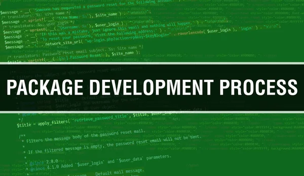 程序开发过程文本编写在程式码抽象技术背景下的软件开发人员和计算机脚本 计算代码包开发过程概念 — 图库照片