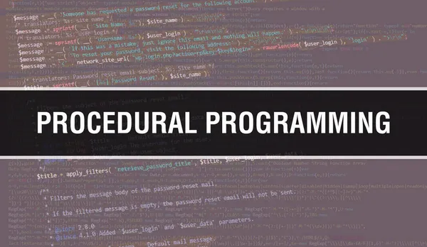 Procedural programming concept illustration using code for developing programs and app. Procedural programming website code with colourful tags in browser view on dark background. Procedura