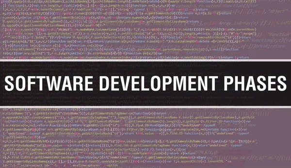 Software development phases concept with Random Parts of Program Code. Software development phases with Programming code abstract technology background of software developer and Computer script