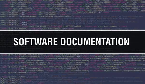 软件文档概念与程序编码的随机性部分 软件文档文本编写在软件开发人员和计算机脚本的程式码抽象技术背景上 — 图库照片