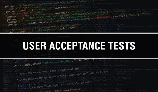 User Acceptance Tests concept illustration using code for developing programs and app. User Acceptance Tests website code with colourful tags in browser view on dark background. User Acceptanc