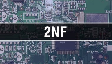 Elektronik Bilgisayar Donanım Teknolojisi geçmişi olan 2NF. Elektronik Entegre Devre ve 2NF ile soyut bir arkaplan. Elektronik Devre Kurulu. Bilgisayar Entegre Devre Domuzu ile 2NF
