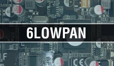 Devre kartında Elektronik Entegre Devre ile 6LoWPAN konsepti. Bilgisayar yongası olan 6LoWPAN soyut teknoloji arka planında ve Chip entegre bir devrede kapanıyor. 6LoWPA