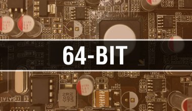Yazılım geliştiricisi ve bilgisayar yazılımının 64 bitlik elektronik soyut teknoloji arkaplanı üzerine yazılmış metin. 64 bitlik entegre devre konsepti. 64-bit entegre devre bir