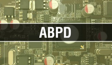 ABPD 'nin entegre devre kartı Arka planı üzerinde elektronik bileşenleri var. Dijital Elektronik Bilgisayar Donanımı ve Güvenli Veri Kavramı. Bilgisayar anakart ve ABPD. ABPD Entegre Devre Domuzu