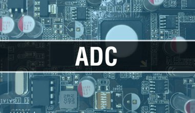 Yazılım geliştiricisi ve bilgisayar yazılımının elektronik soyut teknoloji arka planında ADC metni yazıldı. ADC Entegre Devre kavramı. ADC entegre devre ve direnç