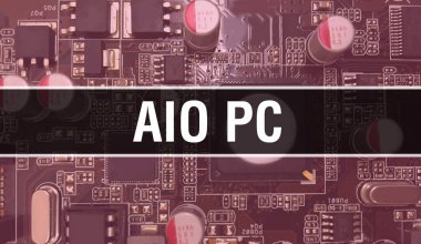 Entegre devre arkaplanda elektronik bileşenleri olan AIO PC. Dijital Elektronik Bilgisayar Donanımı ve Güvenli Veri Kavramı. Bilgisayar anakart ve AIO PC. AIO PC Bütünleşik Devre