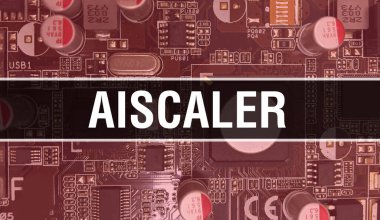 Devre kartında Elektronik Entegre Devre ile AiScaler kavramı. Bilgisayar Çipi 'nin soyut teknoloji arka planında olduğu AiScaler ve Chip entegre bir devrede kapanıyor. Geniş Ölçekli