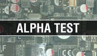 Elektrik devresi üzerinde Elektronik Entegre Devre ile Alfa Test konsepti. Bilgisayar Çipi 'nin soyut teknoloji arka planında olduğu Alfa Testi ve Chip entegre bir devrede kapanıyor. Alph.