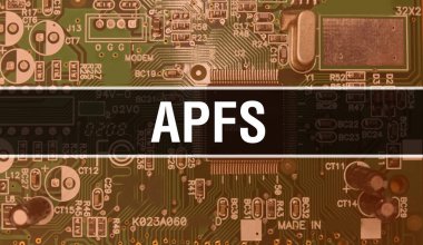 Bilgisayar anakartlı APFS kavramı. Teknoloji anakartının dijital teknolojisi üzerine yazılmış APFS metni. Yazdırılmış devre kartı olan APFS ve Entegre devre Backgroun 'u kapat