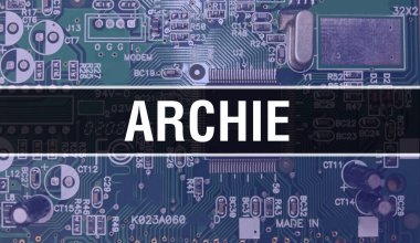 Bilgisayar anakartlı Archie kavramı. Archie, Teknoloji Anakart Dijital Teknolojisi üzerine yazı yazmış. Yazılı devre kartı olan Archie ve Chip entegre devreleri kapatın