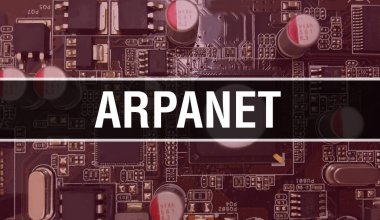 ARPANET entegre devre kartı BackGround.Digital Electronic Computer Hardware ve Secure Data Concept üzerinde elektronik bileşenleri ile. Bilgisayar anakart ve ARPANET. ARPANET Bütünleşik Devre