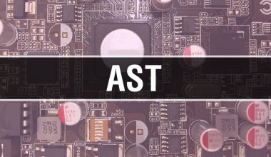Devre Panosundaki Bilgisayar Çipi kullanılarak AST konsepti çizimi. AST entegre devre levha arka planını kapat. AST Elektronik Bilgisayar Donanım Teknolojisi Anakart Dijital Çip arka grubunda