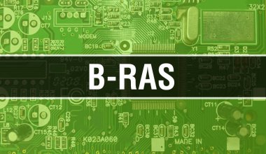 Bilgisayar anakartlı B-RAS konsepti. B-RAS metni Teknoloji Anakart Dijital Teknoloji geçmişi üzerine yazılmış. Baskılı devre kartı olan B-RAS ve Chip entegre devreleri kapatır