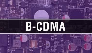 Bilgisayar anakartlı B-CDMA kavramı. B-CDMA metni Teknoloji Anakart Dijital Teknoloji arka planı üzerine yazılmış. Yazılı devre kartı olan B-CDMA ve Chip entegre devreleri kapatır