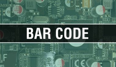 Devre kartında Elektronik Entegre Devre ile Barkod kavramı. Bilgisayar Çipi 'nin soyut teknoloji arka planında olduğu barkod ve Chip entegre bir devrede kapanıyor. Çubuk Morina