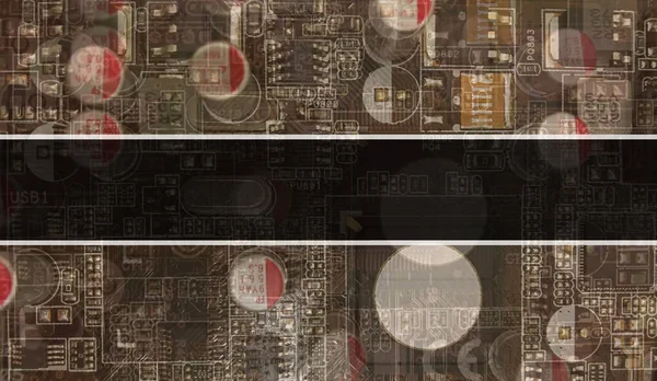 概念与计算机主板 文字写在技术母板数字技术的背景 带印制电路板和芯片的集成电路背景图 — 图库照片