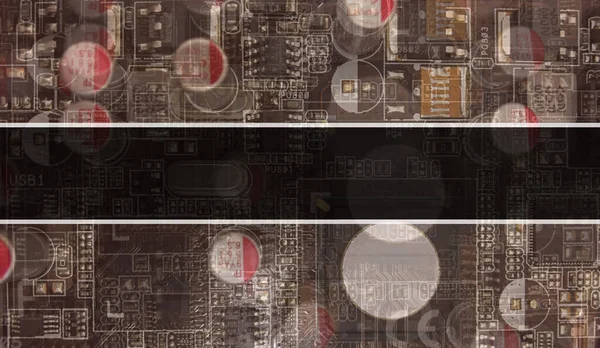 在电路板中使用计算机芯片演示概念 闭合集成电路板背景 电子计算机硬件技术主板数字芯片背向 — 图库照片