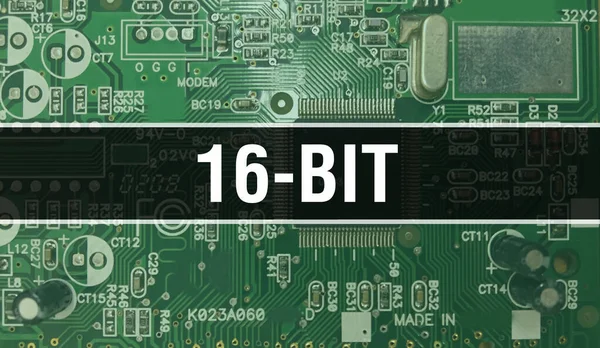 16位概念与计算机主板 16位文字写在技术母板数字技术背景上 16位带印制电路板和芯片的集成电路闭合 — 图库照片