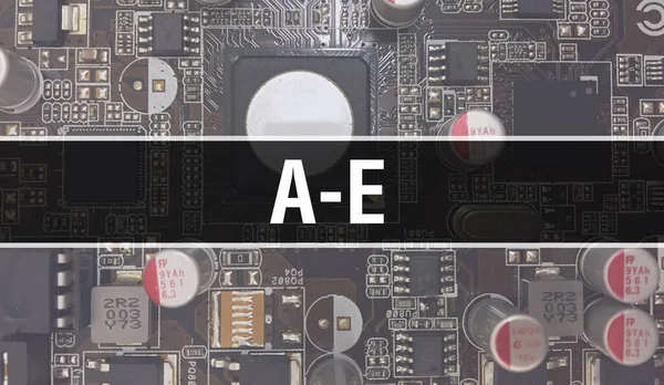 在电路板中使用计算机芯片说明A E概念 E闭合集成电路板背景 电子计算机硬件技术中的A E主板数字芯片背排 — 图库照片