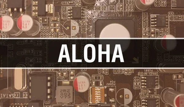 Alohaテキストは ソフトウェア開発者とコンピュータスクリプトの電子抽象技術の背景に書かれています 集積回路のAlohaコンセプト Aloha集積回路と抵抗 — ストック写真