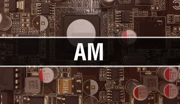 AM concept illustration using Computer Chip in Circuit Board. AM close up of integrated circuits board background. AM on Electronic Computer Hardware Technology Motherboard Digital Chip backgroun
