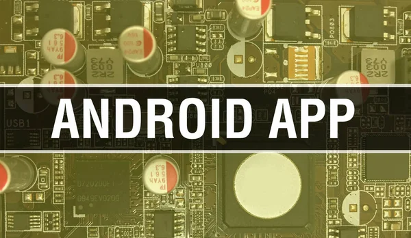 Android App with Technology Motherboard Digital. Android App and Computer Circuit Board Electronic Computer Hardware Technology Motherboard Digital Chip concept. Close up Android App with integrate