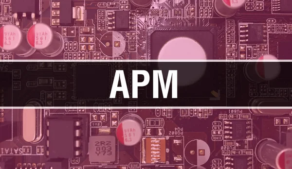 APM text written on Circuit Board Electronic abstract technology background of software developer and Computer script. APM concept of Integrated Circuits. APM integrated circuit and resistor