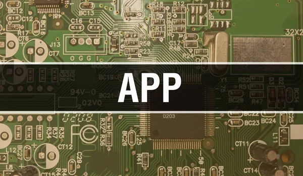 App with Electronic Computer Hardware technology background. Abstract background with Electronic Integrated Circuit and App. Electronic Circuit Board. App with Computer Integrated Circuit Boar