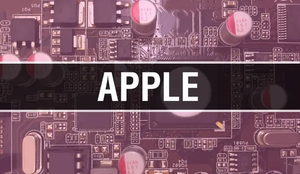 苹果在集成电路板背板上装有电子元件 数字电子计算机硬件和安全数据概念 电脑主板和苹果 Apple Integrated Circuits Boar — 图库照片