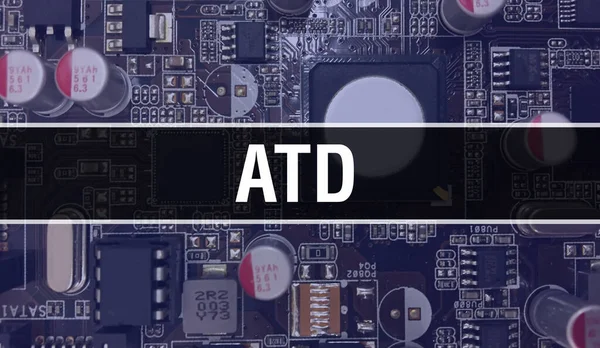 Atd文本写在电路板上 具有软件开发人员和计算机脚本的电子抽象技术背景 Atd集成电路的概念 Atd集成电路和电阻 — 图库照片