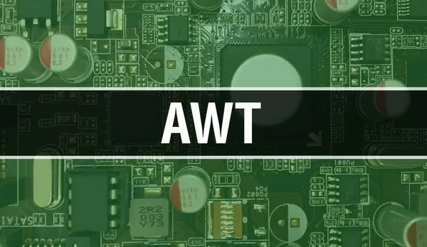 Awtテキストは ソフトウェア開発者とコンピュータスクリプトの回路基板電子抽象技術の背景に書かれています 統合回路のAwt概念 Awt集積回路と抵抗 — ストック写真