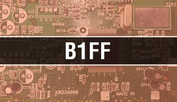 コンピュータのマザーボードとB1Ffの概念 B1Ff技術マザーボードのデジタル技術の背景に書かれたテキスト プリント基板とチップを内蔵したB1Ffが集積回路上でクローズアップ Backgrown — ストック写真